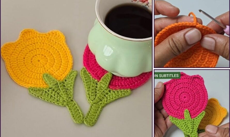 How to Crochet a Cute Tulip Coaster Tutorial🧶🧶🌷🌷🌷